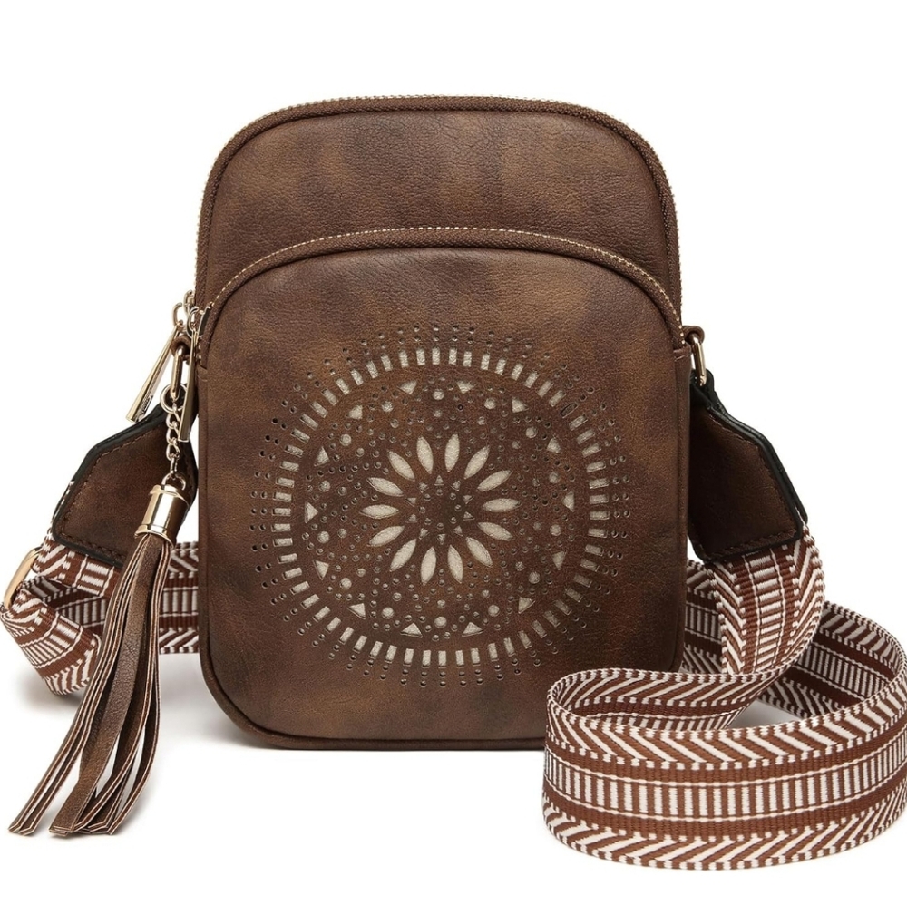 NWT Brown Crossbody Bag with Patterned Strap